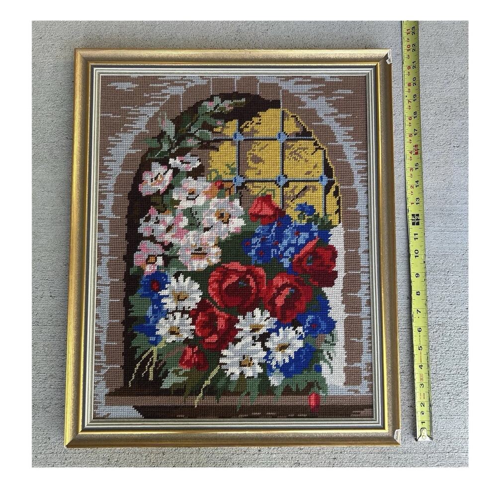 Vintage Framed Needlepoint Floral Window Art Gold Frame Home Decor Hanging Art
